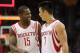 November 23, 2012; Houston, TX, USA; Houston Rockets point guard Toney Douglas (15) and point guard Jeremy Lin (7) smile during the third quarter against the New York Knicks at Toyota Center. Mandatory Credit: Troy Taormina-US PRESSWIRE
