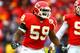 KANSAS CITY, MO - JANUARY 09: Linebacker Jovan Belcher #59 of the Kansas City Chiefs celebrates a sack of quarterback Joe Flacco #5 of the Baltimore Ravens during their 2011 AFC wild card playoff game at Arrowhead Stadium on January 9, 2011 in Kansas City, Missouri. (Photo by Dilip Vishwanat/Getty Images)