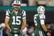 EAST RUTHERFORD, NJ - NOVEMBER 22: Quarterbacks Tim Tebow #15 and Mark Sanchez #6 of the New York Jets before the start of their game against the New England Patriots at MetLife Stadium on November 22, 2012 in East Rutherford, New Jersey. (Photo by Rich Schultz /Getty Images)