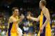 ONTARIO, CA - OCTOBER 10: Steve Nash #10 of the Los Angeles Lakers greets Steve Blake #5 in the game against the Portland Trail Blazers at Citizens Business Bank Arena on October 10, 2012 in Ontario, California. NOTE TO USER: User expressly acknowledges and agrees that, by downloading and or using this photograph, User is consenting to the terms and conditions of the Getty Images License Agreement. (Photo by Stephen Dunn/Getty Images)