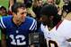 LANDOVER, MD - AUGUST 25: Andrew Luck #12 of the Indianapolis Colts and Robert Griffin III #10 of the Washington Redskins shake hands after a preseason game at FedExField on August 25, 2012 in Landover, Maryland. (Photo by Patrick McDermott/Getty Images)
