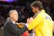 Nov 20, 2012; Los Angeles, CA, USA; Los Angeles Lakers coach Mike D'Antoni (left) and forward Pau Gasol during the game against the Brooklyn Nets at the Staples Center. Mandatory Credit: Kirby Lee/Image of Sport-USA TODAY Sports