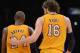 LOS ANGELES, CA - NOVEMBER 27: Kobe Bryant #24 of the Los Angeles Lakers and Pau Gasol #16 talk during a 79-77 Indiana Pacers win at Staples Center on November 27, 2012 in Los Angeles, California. NOTE TO USER: User expressly acknowledges and agrees that, by downloading and or using this photograph, User is consenting to the terms and conditions of the Getty Images License Agreement. (Photo by Harry How/Getty Images)