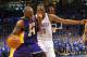 May 21, 2012; Oklahoma City, OK, USA; Los Angeles Lakers guard Kobe Bryant (24) handles the ball while being defended by Oklahoma City Thunder forward Kevin Durant (35) during the second half in game five of the Western Conference semifinals of the 2012 NBA Playoffs at Chesapeake Energy Arena. Mandatory Credit: Mark D. Smith-USA TODAY Sports