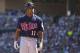 Sept 15, 2012; Minneapolis, MN, USA: Minnesota Twins right fielder Ben Revere (11) reacts to a call in the sixth inning against the Chicago White Sox at Target Field. The White Sox won 5-3. Mandatory Credit: Jesse Johnson-USA TODAY Sports