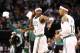 Nov 30, 2012; Boston, MA, USA; Boston Celtics shooting guard Jason Terry (left) and shooting guard Courtney Lee (11) celebrate during the second half of a game against the Portland Trail Blazers at TD Garden. Mandatory Credit: Mark L. Baer-USA TODAY Sports