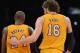 LOS ANGELES, CA - NOVEMBER 27: Kobe Bryant #24 of the Los Angeles Lakers and Pau Gasol #16 talk during a 79-77 Indiana Pacers win at Staples Center on November 27, 2012 in Los Angeles, California. NOTE TO USER: User expressly acknowledges and agrees that, by downloading and or using this photograph, User is consenting to the terms and conditions of the Getty Images License Agreement. (Photo by Harry How/Getty Images)