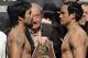 LAS VEGAS, NV - DECEMBER 07: Boxers Manny Pacquiao (L) and Juan Manuel Marquez face off as Top Rank promoter Bob Arum holds the championship belt during the official weigh-in for their welterweight bout at the MGM Grand Garden Arena on December 7, 2012 in Las Vegas, Nevada. Pacquiao and Marquez will fight each other for the fourth time on Dec. 8 in Las Vegas. (Photo by Jeff Bottari/Getty Images)