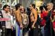 Dec 7, 2012; Las Vegas, NV, USA; Manny Pacquiao (left) and Juan Manuel Marquez pose for a photo during their weigh-in the day before their fight at MGM Grand Garden Arena. Mandatory Credit: Joe Camporeale-USA TODAY Sports