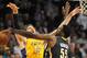 November 27, 2012; Los Angeles, CA, USA; Indiana Pacers center Roy Hibbert (55) blocks a shot by Los Angeles Lakers power forward Pau Gasol (16) during the game at the Staples Center. Mandatory Credit: Jayne Kamin-Oncea-USA TODAY Sports