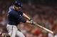 CINCINNATI, OH - SEPTEMBER 26: Corey Hart #1 of the Milwaukee Brewers singles to drive in a run in the third inning against the Cincinnati Reds during the game at Great American Ball Park on September 26, 2012 in Cincinnati, Ohio. (Photo by Joe Robbins/Getty Images)