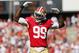 SAN FRANCISCO, CA - OCTOBER 7: Linebacker Aldon Smith #99 of the San Francisco 49ers amps up the crowd against the Buffalo Bills in the first quarter on October 7, 2012 at Candlestick Park in San Francisco, California. The 49ers won 45-3. (Photo by Brian Bahr/Getty Images)