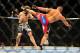 Jan, 20 2012; Nashville, TN, USA; UFC heavyweight Pat Barry lands a kick to the head of Christian Morecraft during a bout in the UFC on FX 1 event. Barry beat Morecraft. Mandatory Credit: Don McPeak-USA TODAY Sports