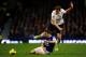 LIVERPOOL, ENGLAND - DECEMBER 09: Everton player Seamus Coleman (l) is brought down by Spurs player Jan Vertonghen during the Barclays Premier between Everton and Tottenham Hotspur at Goodison Park on December 9, 2012 in Liverpool, England. (Photo by Stu Forster/Getty Images)