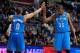 Nov 12, 2012; Auburn Hills, MI, USA; Oklahoma City Thunder small forward Kevin Durant (35) high fives point guard Russell Westbrook (0) during the fourth quarter against the Detroit Pistons at The Palace. Thunder won 92-90. Mandatory Credit: Tim Fuller-USA TODAY Sports