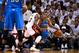 MIAMI, FL - JUNE 21: Russell Westbrook #0 of the Oklahoma City Thunder looks to pass against Dwyane Wade #3 of the Miami Heat in Game Five of the 2012 NBA Finals on June 21, 2012 at American Airlines Arena in Miami, Florida. NOTE TO USER: User expressly acknowledges and agrees that, by downloading and or using this photograph, User is consenting to the terms and conditions of the Getty Images License Agreement. (Photo by Ronald Martinez/Getty Images)