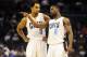 Dec 3, 2012; Charlotte, NC, USA; Charlotte Bobcats guard Ben Gordon (8) talks to guard Gerald Henderson (9) during the game against the Portland Trail Blazers at Time Warner Cable Arena. Mandatory Credit: Sam Sharpe-USA TODAY Sports