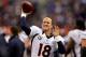 BALTIMORE, MD - DECEMBER 16: Quarterback Peyton Manning #18 of the Denver Broncos warms up on the sidelines during the second half of the Broncos game against the Baltimore Ravens at M&T Bank Stadium on December 16, 2012 in Baltimore, Maryland. (Photo by Rob Carr/Getty Images)