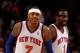 NEW YORK, NY - MARCH 20: (L-R) Carmelo Anthony #7 and Amare Stoudemire #1 of the New York Knicks react on court in the second half against the Toronto Raptors at Madison Square Garden on March 20, 2012 in New York City. NOTE TO USER: User expressly acknowledges and agrees that, by downloading and or using this photograph, User is consenting to the terms and conditions of the Getty Images License Agreement. (Photo by Chris Chambers/Getty Images)