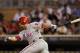 MINNEAPOLIS, MN - JUNE 14: Placido Polanco #27 of the Philadelphia Phillies hits an RBI single against the Minnesota Twins during the ninth inning on June 14, 2012 at Target Field in Minneapolis, Minnesota. The Phillies defeated the Twins 6-1. (Photo by Hannah Foslien/Getty Images)