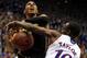 LAWRENCE, KS - FEBRUARY 25: Phil Pressey #1 of the Missouri Tigers is fouled by Tyshawn Taylor #10 of the Kansas Jayhawks during the game on February 25, 2012 at Allen Fieldhouse in Lawrence, Kansas. (Photo by Jamie Squire/Getty Images)