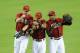 PHOENIX, AZ - AUGUST 12: Jason Kubel #13 Chris Young #24 and Justin Upton #10 of the Arizona Diamondbacks celebrate a 7-4 win against the Washington Nationals at Chase Field on August 12, 2012 in Phoenix, Arizona. (Photo by Norm Hall/Getty Images)