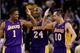 OAKLAND, CA - DECEMBER 22: Kobe Bryant #24 of the Los Angeles Lakers celebrates with teammates Steve Nash #10 and Darius Morris #1 in the final seconds of overtime after they secured their victory over the Golden State Warriors at Oracle Arena on December 22, 2012 in Oakland, California. NOTE TO USER: User expressly acknowledges and agrees that, by downloading and or using this photograph, User is consenting to the terms and conditions of the Getty Images License Agreement. (Photo by Ezra Shaw/Getty Images)