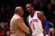 NEW YORK, NY - MAY 06: Amare Stoudemire #1 and head coach Mike Woodson of the New York Knicks talk on court against the Miami Heat in Game Four of the Eastern Conference Quarterfinals in the 2012 NBA Playoffs on May 6, 2012 at Madison Square Garden in New York City. NOTE TO USER: User expressly acknowledges and agrees that, by downloading and or using this photograph, User is consenting to the terms and conditions of the Getty Images License Agreement (Photo by Jeff Zelevansky/Getty Images)
