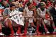 COLUMBUS, OH - DECEMBER 22: From left to right, Amir Williams #23, Sam Thompson #12 and Evan Ravenel #30, all of the Ohio State Buckeyes, watch as the clock winds down in the Buckeyes' 74-66 loss to the Kansas Jayhawks on December 22, 2012 at Value City Arena in Columbus, Ohio. (Photo by Jamie Sabau/Getty Images)