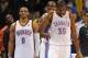 Nov 30, 2012; Oklahoma City, OK, USA; Oklahoma City Thunder forward Kevin Durant (35) and Thunder guard Russell Westbrook (0) react to action against the Utah Jazz during the second half at Chesapeake Energy Arena. Mandatory Credit: Mark D. Smith-USA TODAY Sports