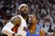 Jun 21, 2012; Miami, FL, USA; Oklahoma City Thunder small forward Kevin Durant (35) and Miami Heat small forward LeBron James (6) during the first quarter of game five in the 2012 NBA Finals at the American Airlines Arena. Mandatory Credit: Steve Mitchell-USA TODAY Sports