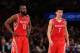 Dec. 17, 2012; New York, NY, USA; Houston Rockets shooting guard James Harden (13) and point guard Jeremy Lin (7) on the court against the New York Knicks during the second quarter at Madison Square Garden. Mandatory Credit: Debby Wong-USA TODAY Sports