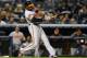 NEW YORK, NY - OCTOBER 10: Adam Jones #10 of the Baltimore Orioles bats against the New York Yankees during Game Three of the American League Division Series at Yankee Stadium on October 10, 2012 in the Bronx borough of New York City. (Photo by Al Bello/Getty Images)