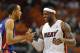 Oct 18, 2012; Miami, FL, USA; aDetroit Pistons small forward Tayshaun Prince (22) greets Miami Heat small forward LeBron James (6) at center court before their game at the American Airlines Arena. Mandatory Credit: Steve Mitchell-USA TODAY Sports