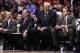 EAST RUTHERFORD, NJ - MARCH 27: Head coach Phil Jackson of the Los Angeles Lakers watches the game against the New Jersey Nets with athletic trainer Gary Vitti, and assistants Frank Hamblen and Kurt Rambis on March 27, 2009 at the Izod Center in East Rutherford, New Jersey. NOTE TO USER: User expressly acknowledges and agrees that, by downloading and/or using this Photograph, User is consenting to the terms and conditions of the Getty Images License Agreement. (Photo by Chris McGrath/Getty Images)