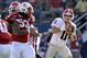 January 01, 2013; Orlando, FL, USA; Nebraska Cornhuskers defensive tackle Thad Randle (53) tries to get to Georgia Bulldogs quarterback Aaron Murray (11) during the second half of the Capital One bowl at The Citrus Bowl. Georgia defeated Nebraska 45-31. Mandatory Credit: Brad Barr-USA TODAY Sports