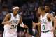 Jan 2, 2013; Boston, MA, USA; Boston Celtics small forward Paul Pierce (34) and point guard Avery Bradley (0) celebrate during the first half against the Memphis Grizzlies at TD Garden. Mandatory Credit: Mark L. Baer-USA TODAY Sports