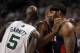 BOSTON, MA - MAY 10: Kevin Garnett #5 of the Boston Celtics listens as Al Horford #15 and Josh Smith #5 of the Atlanta Hawks talk in Game Six of the Eastern Conference Quarterfinals in the 2012 NBA Playoffs on May 10, 2012 at TD Garden in Boston, Massachusetts. The Boston Celtics defeated the Atlanta Hawks 83-80. NOTE TO USER: User expressly acknowledges and agrees that, by downloading and or using this photograph, User is consenting to the terms and conditions of the Getty Images License Agreement. (Photo by Elsa/Getty Images)