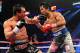 Dec 8, 2012; Las Vegas, NV, USA; Manny Pacquiao (Gray trunks) and Juan Manuel Marquez (Black/Green/Red trunks) box during their welterweight bout at MGM Grand Garden Arena. Juan Manuel Marquez won the fight by sixth round knockout. Mandatory Credit: Joe Camporeale-USA TODAY Sports