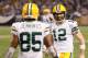 MINNEAPOLIS, MN - DECEMBER 30: Greg Jennings #85 of the Green Bay Packers is congratulated by Aaron Rodgers #12 of the Green Bay Packers after the pair scored a touchdown during a game against the Minnesota Vikings on December 30, 2012 at Mall of America Field at the Hubert H. Humphrey Metrodome in Minneapolis, Minnesota. The Vikings defeated the Packers 37-34. (Photo by Andy Clayton King/Getty Images)