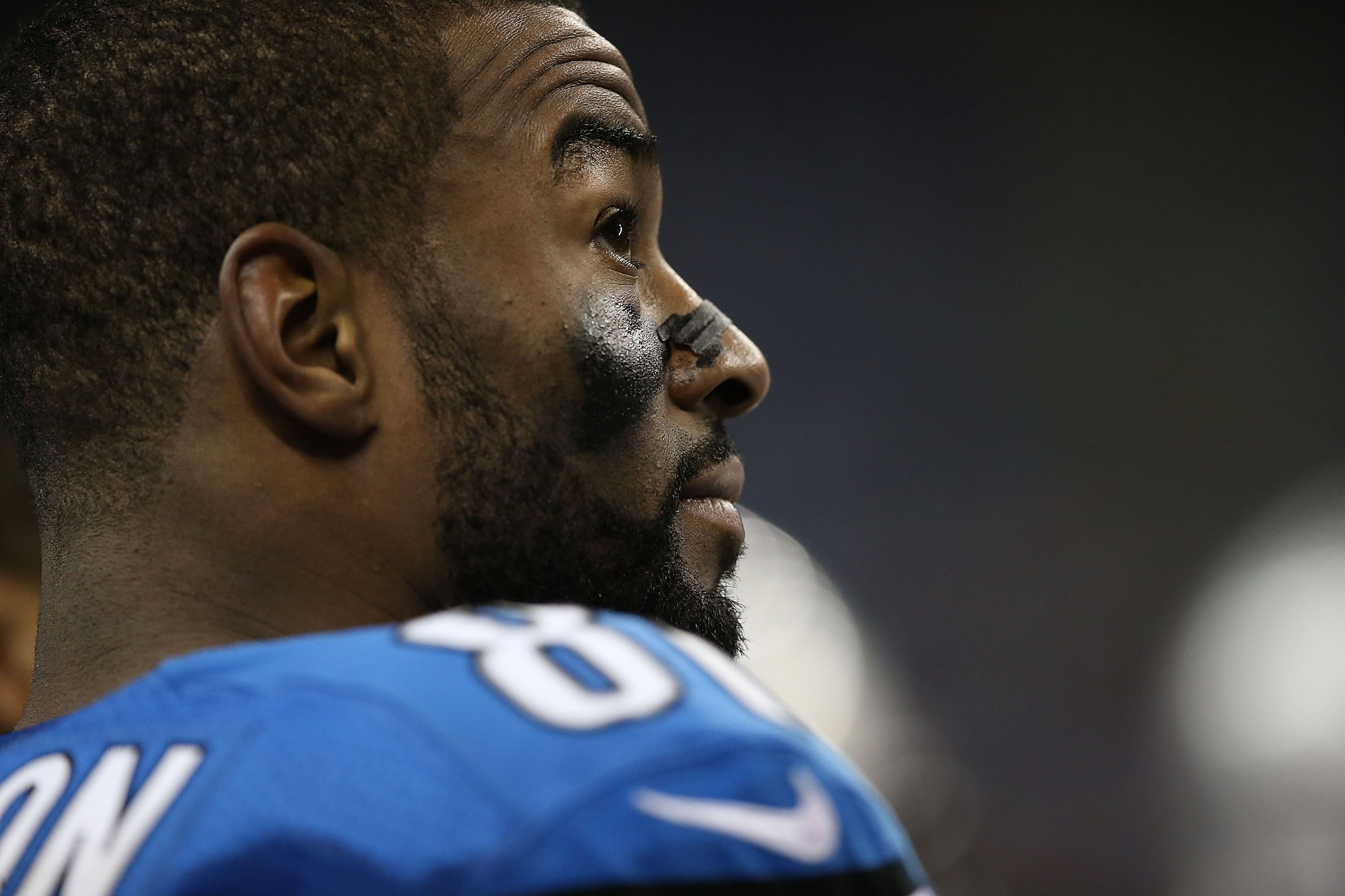 Oct. 30, 2011 - Denver, Colorado, U.S - A Detroit Lions fan wearing a CALVIN  JOHNSON jersey reacts to being on the big screen after Johnson scores a TD  against the Denver