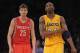 LOS ANGELES, CA - APRIL 06: Kobe Bryant #24 of the Los Angeles Lakers and Chandler Parsons #25 of the Houston Rockets wait at mid court during the game at Staples Center on April 6, 2012 in Los Angeles, California. NOTE TO USER: User expressly acknowledges and agrees that, by downloading and or using this photograph, User is consenting to the terms and conditions of the Getty Images License Agreement. (Photo by Harry How/Getty Images)