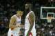 HOUSTON, TX - NOVEMBER 12: Jeremy Lin #7 (L) and James Harden #13 of the Houston Rockets react to a call against the Miami Heat at the Toyota Center on November 12, 2012 in Houston, Texas. NOTE TO USER: User expressly acknowledges and agrees that, by downloading and or using this photograph, User is consenting to the terms and conditions of the Getty Images License Agreement. (Photo by Scott Halleran/Getty Images)