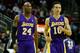 HOUSTON, TX - JANUARY 08: Kobe Bryant #24 and Steve Nash #10 of the Los Angeles Lakers walk across the court during their game against the Houston Rockets at Toyota Center on January 8, 2013 in Houston, Texas. NOTE TO USER: User expressly acknowledges and agrees that, by downloading and or using this photograph, User is consenting to the terms and conditions of the Getty Images License Agreement. (Photo by Scott Halleran/Getty Images)
