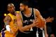 LOS ANGELES, CA - MAY 23: Tim Duncan #21 of the San Antonio Spurs looks to pass over Kobe Bryant #24 of the Los Angeles Lakers in Game Two of the Western Conference Finals during the 2008 NBA Playoffs on May 23, 2008 at Staples Center in Los Angeles, California. NOTE TO USER: User expressly acknowledges and agrees that, by downloading and/or using this Photograph, user is consenting to the terms and conditions of the Getty Images License Agreement. (Photo by Jeff Gross/Getty Images)