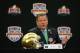 Jan 6, 2013; Fort Lauderdale FL, USA; Notre Dame head coach Brian Kelly (left) answers questions during a press conference for the 2013 BCS National Championship game at Harbor Beach Marriott Resort & Spa. Mandatory Credit: Matthew Emmons-USA TODAY Sports