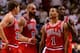 MIAMI, FL - MAY 24: (L-R) Kyle Korver #26, Carlos Boozer #5, Derrick Rose #1 and Luol Deng #9 of the Chicago Bulls look on against the Miami Heat in Game Four of the Eastern Conference Finals during the 2011 NBA Playoffs on May 24, 2011 at American Airlines Arena in Miami, Florida. LeBron James NOTE TO USER: User expressly acknowledges and agrees that, by downloading and or using this photograph, User is consenting to the terms and conditions of the Getty Images License Agreement. (Photo by Marc Serota/Getty Images)