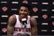 Oct. 1, 2012; Tarrytown, NY, USA; New York Knicks guard Iman Shumpert speaks to the media at the MSG Training Facility. Mandatory Credit: Debby Wong-USA TODAY Sports