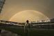 KANSAS CITY, KS - AUGUST 8: A double rainbow forms over a security guard before a game between the Seattle Sounders FC and Sporting Kansas City at Livestrong Sporting Park on August 8, 2012 in Kansas City, Kansas. (Photo by Ed Zurga/Getty Images)