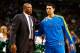 BOSTON, MA - JANUARY 16: Head coach Doc Rivers of the Boston Celtics and his son, Austin Rivers #25 of the New Orleans Hornets, greet each other during the game on January 16, 2013 at TD Garden in Boston, Massachusetts. NOTE TO USER: User expressly acknowledges and agrees that, by downloading and or using this photograph, User is consenting to the terms and conditions of the Getty Images License Agreement. (Photo by Jared Wickerham/Getty Images)